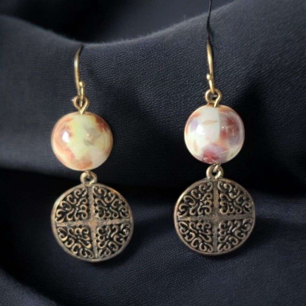 Vintage Beaded Earrings With Gold/Brass Colored Filigree Pendant